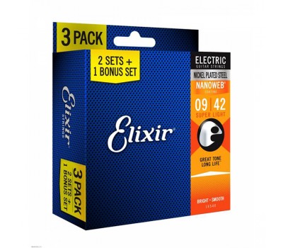 Струны ELIXIR 16540 NanoWeb 9-42 3 комплекта для электрогитары