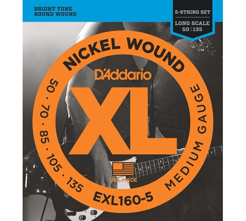 Струны для бас -гитары D'ADDARIO EXL160-5 XL 50-135 Long-Medium 